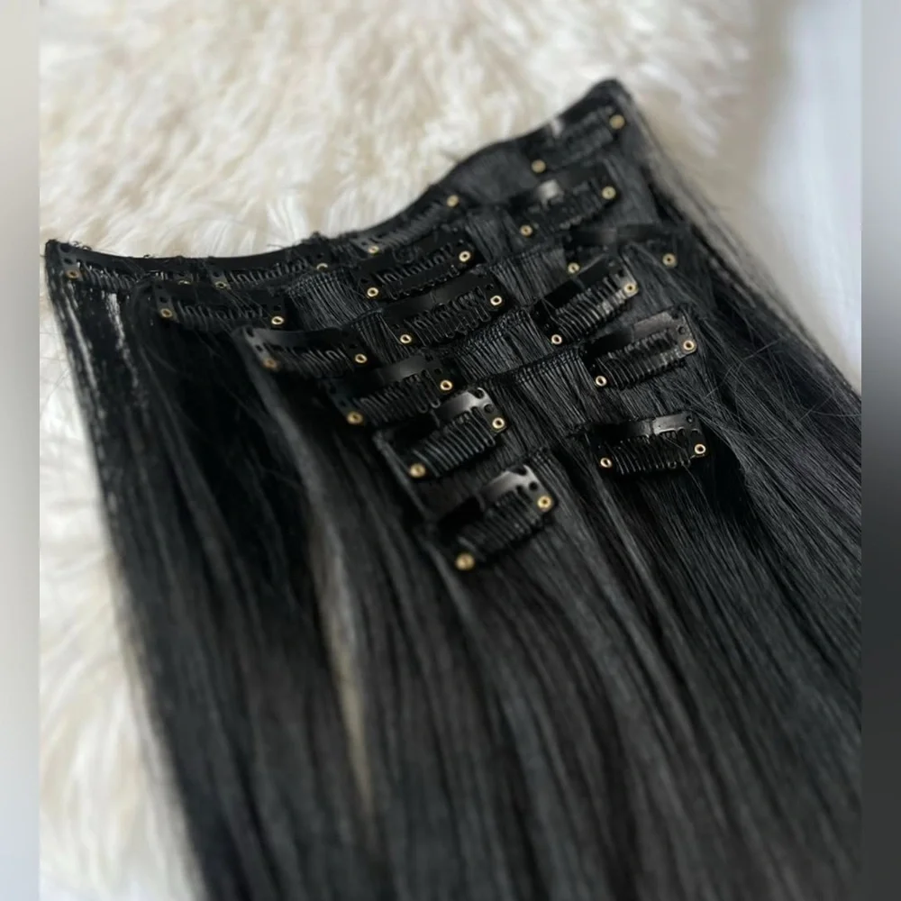 Human hair blend 22 Inch Clip in Long Black Thick straight Hair Extensions